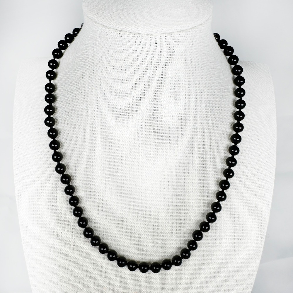 Vintage Monet Black‎ Bead Necklace 15" Knotted Gold Patented Clasp Signed